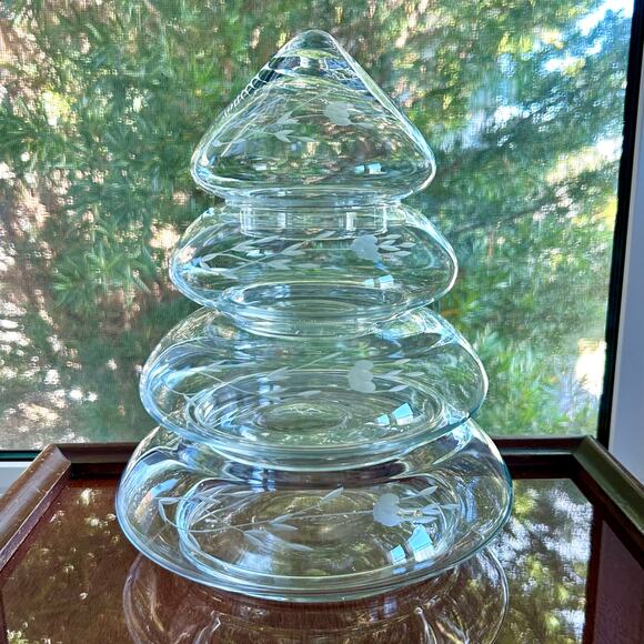 Princess House 4 Piece Etched Glass Stacking Christmas Tree With Original Box - Picture 8 of 14